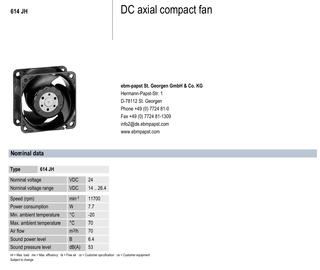 614JH ebmpapst 7.7W 24V 0.32A small fan 614JH ebmpapst 7.7W 24V 0.32A small fan