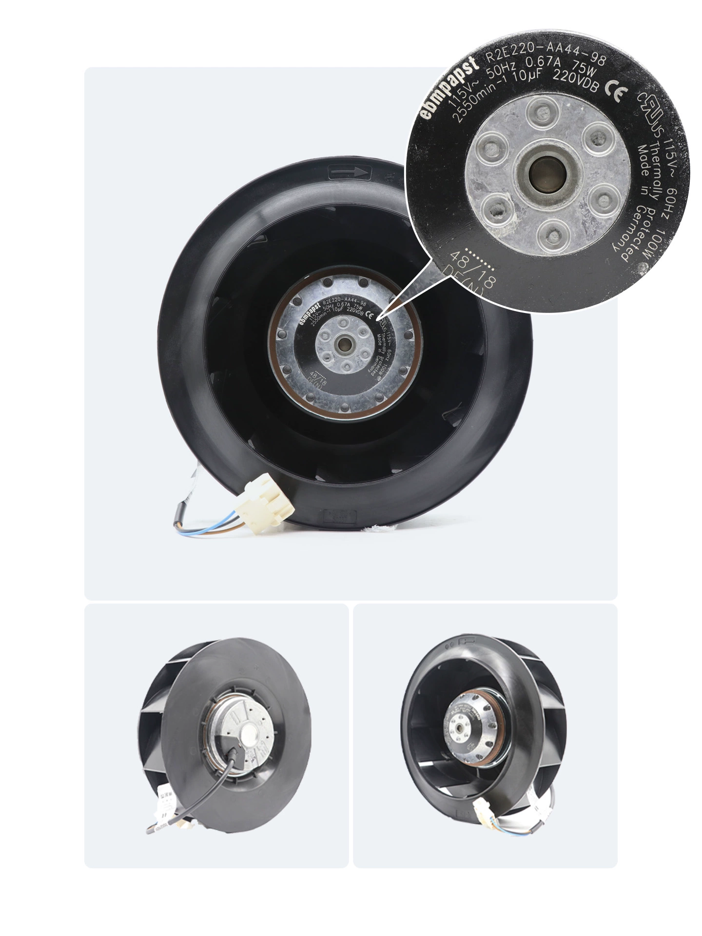 R2E220-AA44-98 ebmpapst 115V AC centrifugal fan R2E220-AA44-98 ebmpapst 115V AC centrifugal fan