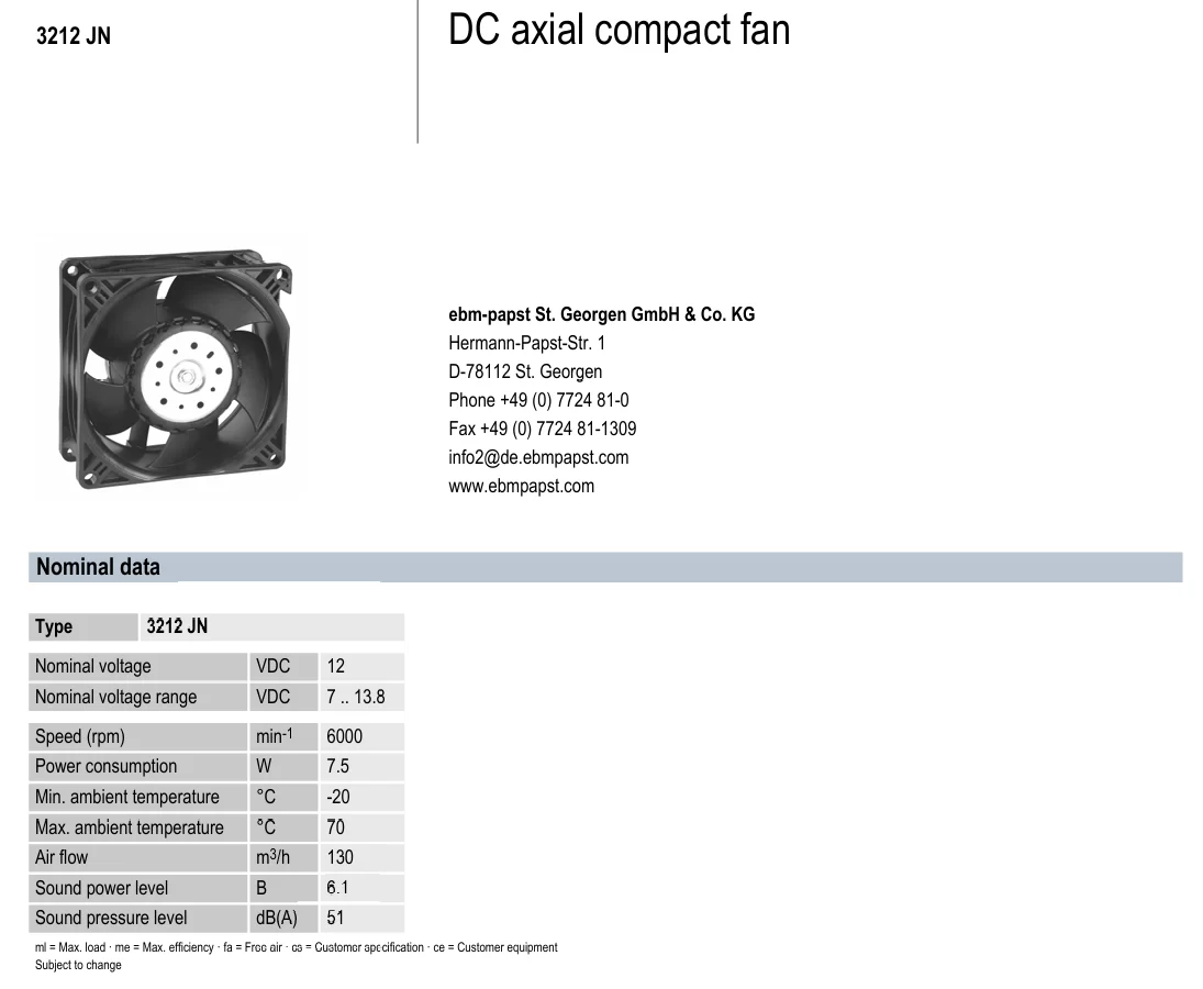 3212JN ebmpapst 12V 0.63A 7.6W DC axial fan 3212JN ebmpapst 12V 0.63A 7.6W DC axial fan
