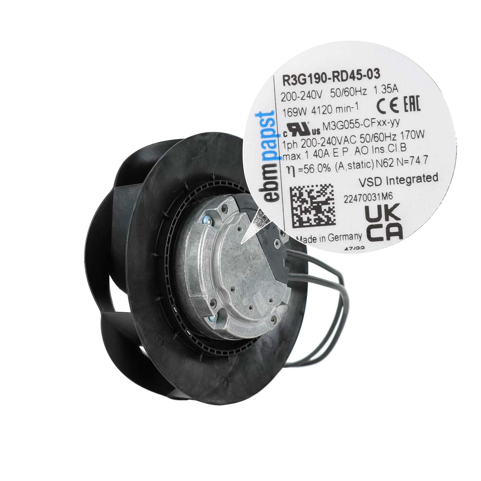 R3G190-RD45-03 ebmpapst EC Centrifugal Fan R3G190-RD45-03 ebmpapst EC Centrifugal Fan