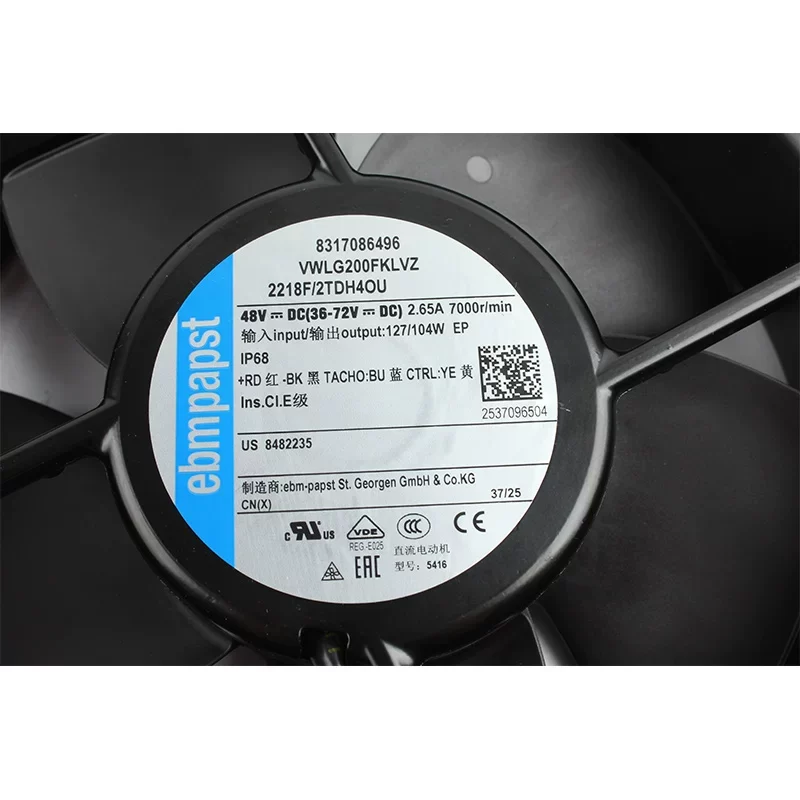 2218F/2TDH4OU ebmpapst 48V 2.65A 127W 220mm DC Axial Fan 2218F/2TDH4OU ebmpapst 48V 2.65A 127W 220mm DC Axial Fan