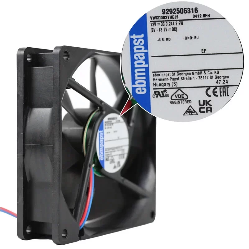 3412NHH ebmpapst 12V 2.5W 0.24A 92mm 9225 DC Axial Fan 3412NHH ebmpapst 12V 2.5W 0.24A 92mm 9225 DC Axial Fan