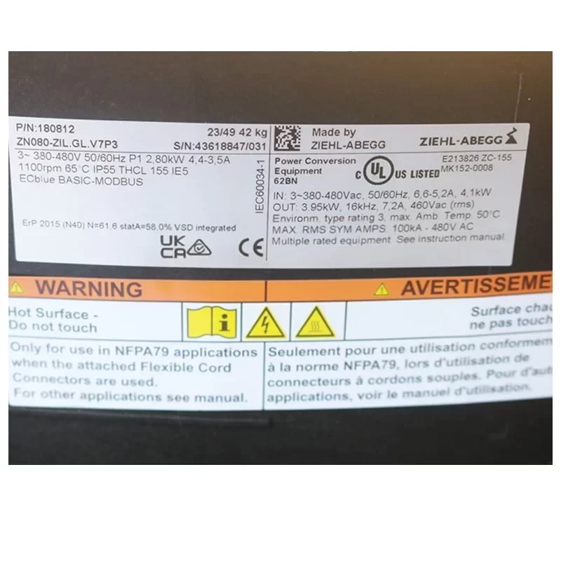 ZN080-ZIL.GL.V7P3 ZIEHL-ABEGG 380-480V 800mm EC Axial Fan ZN080-ZIL.GL.V7P3 ZIEHL-ABEGG 380-480V 800mm EC Axial Fan